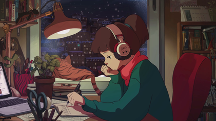 Original internet meme which originated from Youtube Livestream named "24 hour chill Lo-fi beats to study to". The girl studying eventually became known as "lo-fi girl"