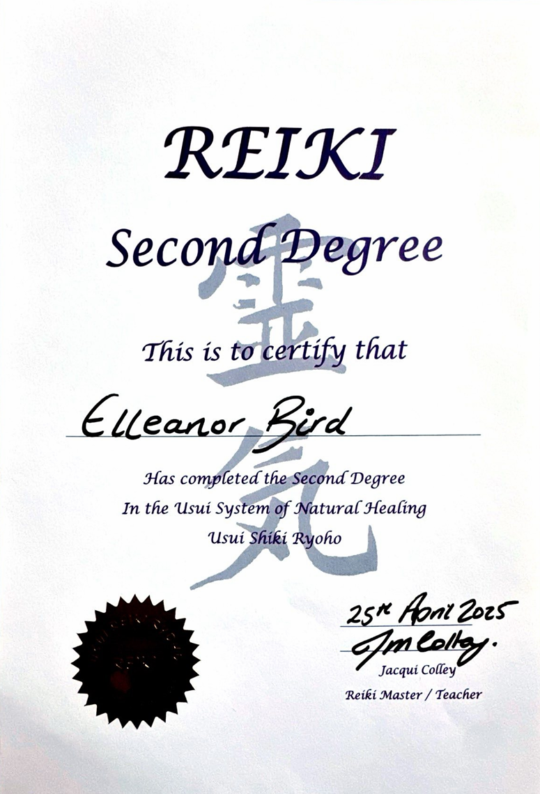 Reiki second degree certification certificate awarded to Eleanor Bird by Jacqui Colley on April 25, 2024, signed by Jacqui Colley, Reiki Master/Teacher, with a black seal at the bottom left.