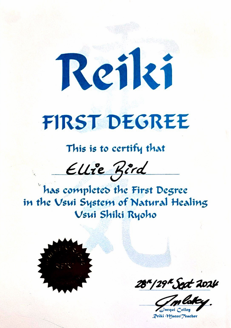 Certificate of achievement for Ellie Bird received from Jacqui Colley on September 28-29, 2023, for completing the First Degree in the Usui System of Natural Healing, signed by Jacqui Colley.