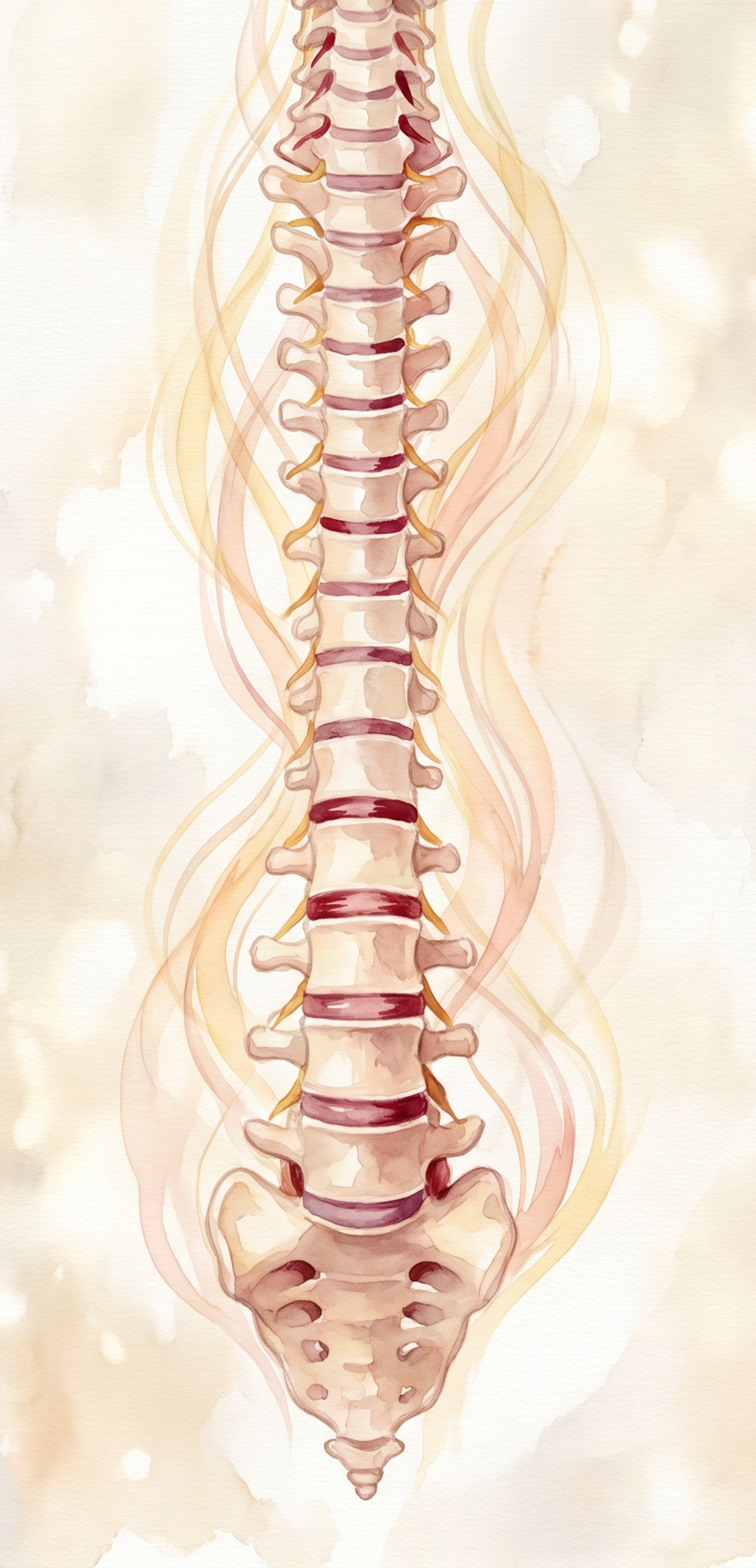 Illustration of a human spine, showing vertebrae, discs, and surrounding nerves.