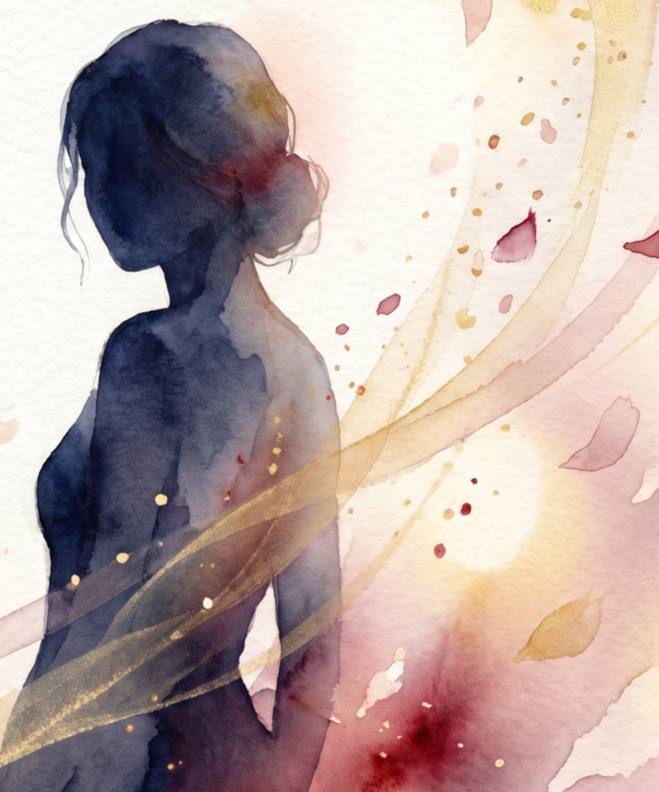Silhouette of woman with golden energy, spiritual transformation and somatic healing Queensland