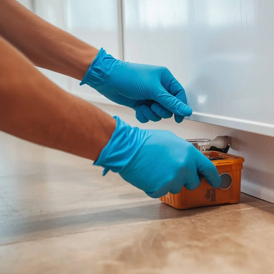 Person wearing blue gloves opening a small orange container on the floor in front of a white wall.
