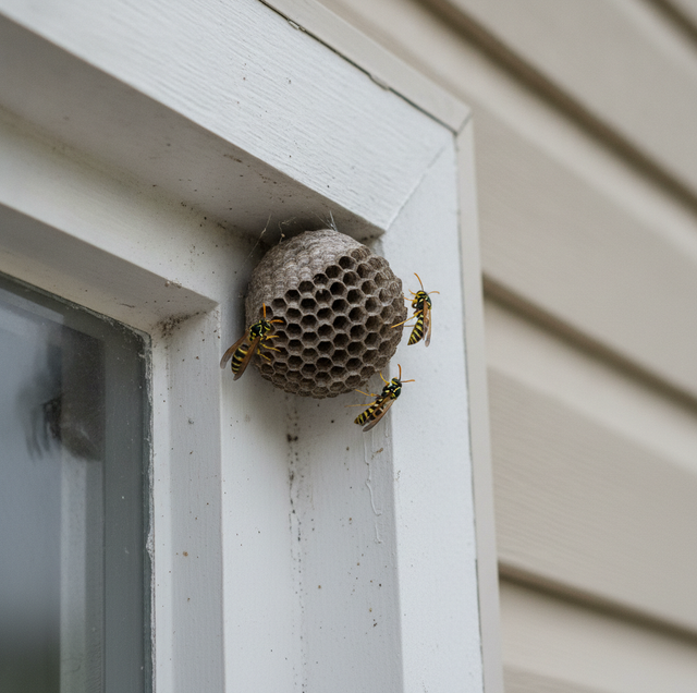 Paper wasp nest tucked above front door frame