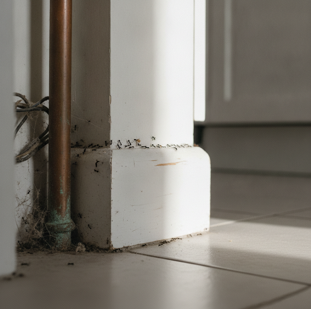 trail of ants crossing a white kitchen counter