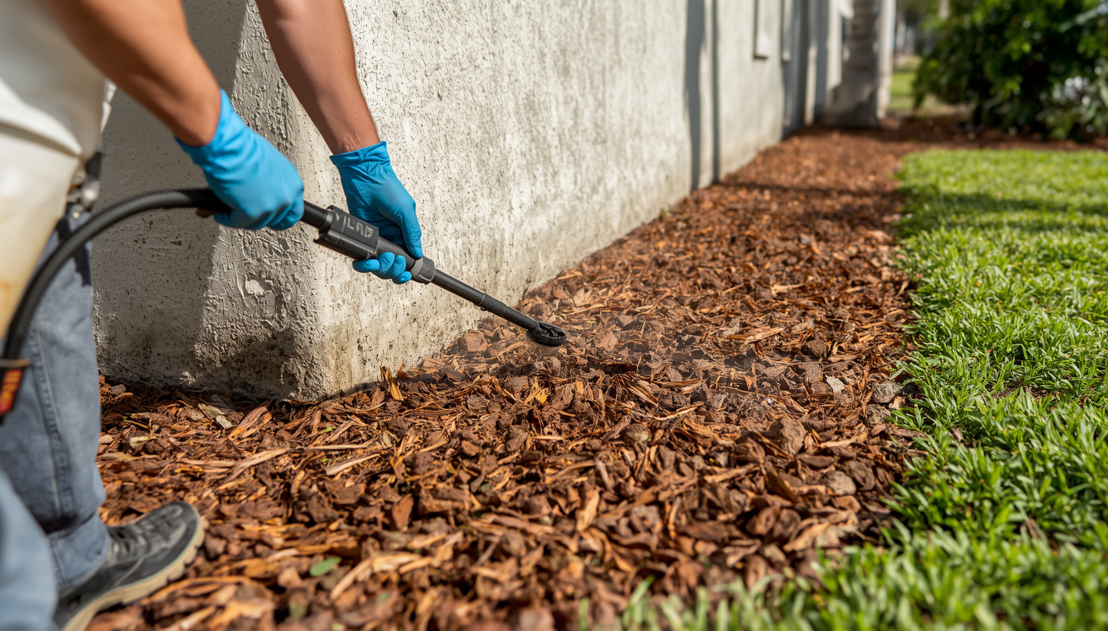 Person wearing blue gloves using a leaf blower to clear fallen leaves from a garden bed along a house exterior wall.