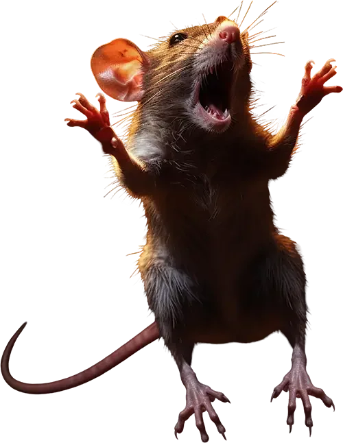 A digitally manipulated image of a rat with the body of a human, standing upright and appearing to be shouting or yawning.