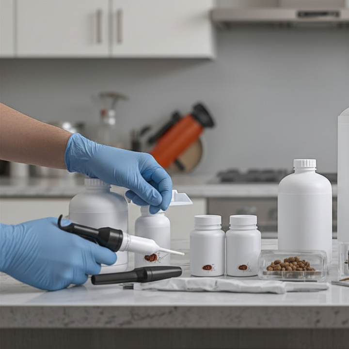Person wearing blue gloves using a pipette to transfer liquid into medication bottles in a laboratory or medical setting.