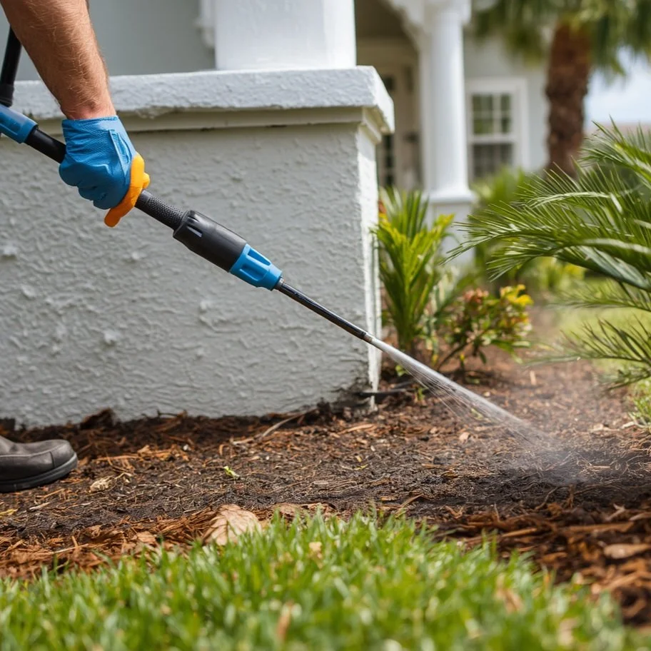 Person wearing a blue glove watering the garden near a white house.