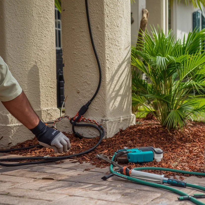 A person working on electrical wiring outdoors near a beige stucco wall, with green plants nearby and tools on the ground.