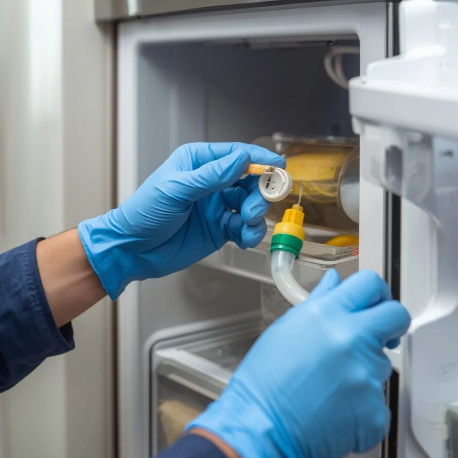 Medical professional wearing blue gloves placing a specimen container into a medical refrigerator.