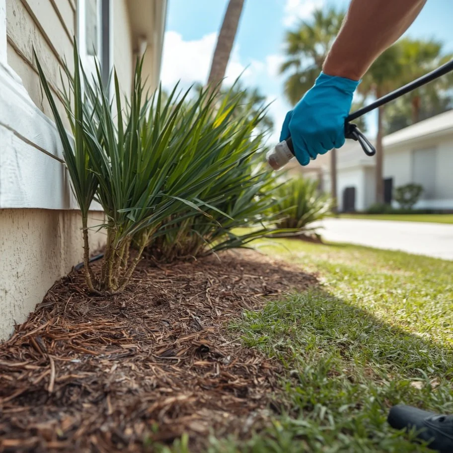 A person wearing a blue glove spray watering a garden bed next to a house with palm trees visible in the background.