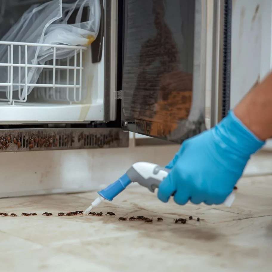 Person wearing blue gloves using a handheld device to treat a line of ants on the floor near a dishwasher.