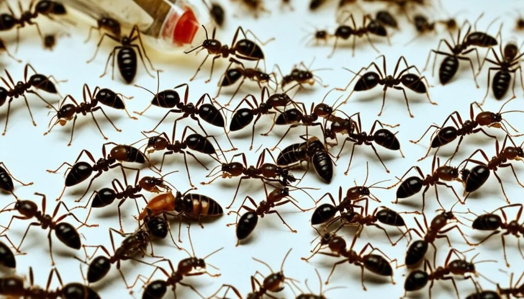 Numerous black and brown ants on a white surface, with an ant trap containing bait in the upper left corner.
