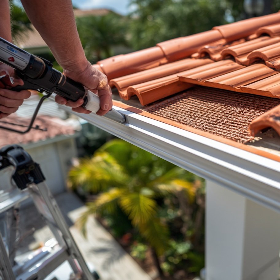 A person installing new terracotta roof tiles on a house gutter using a cordless drill, with lush palm trees in the background.
