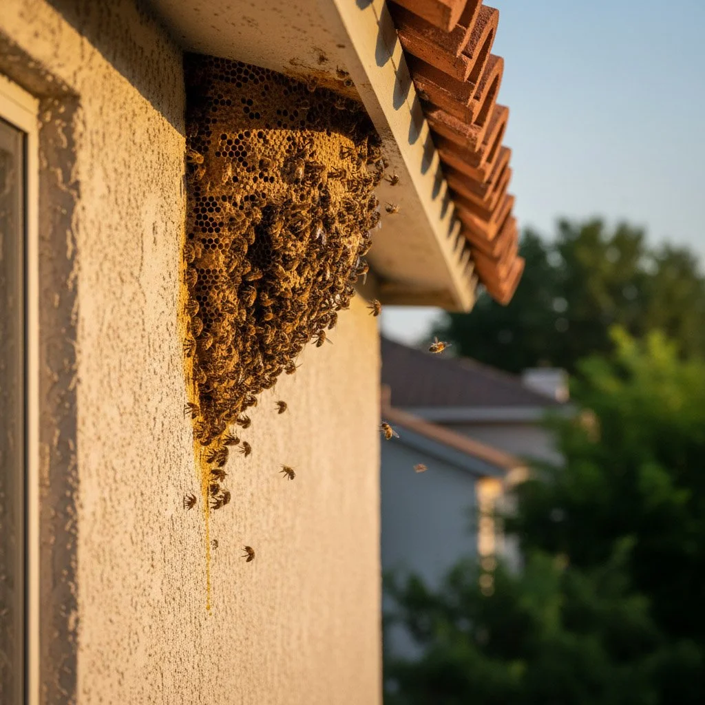 A swarm of bees on the exterior of a house, near the roofline, with some bees flying away from the hive.