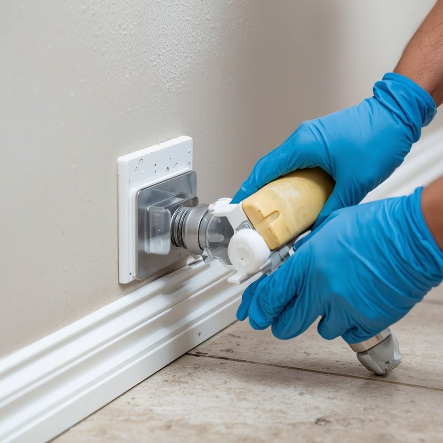 A person wearing blue gloves installing a baby bottle into a wall-mounted sterilizer near the baseboard.