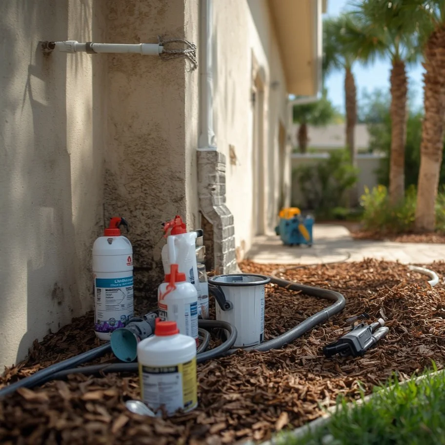 Multiple HVAC refrigerant line set bottles and a pressure gauge lying on the mulch next to a house exterior wall, with palm trees and bushes in the background.