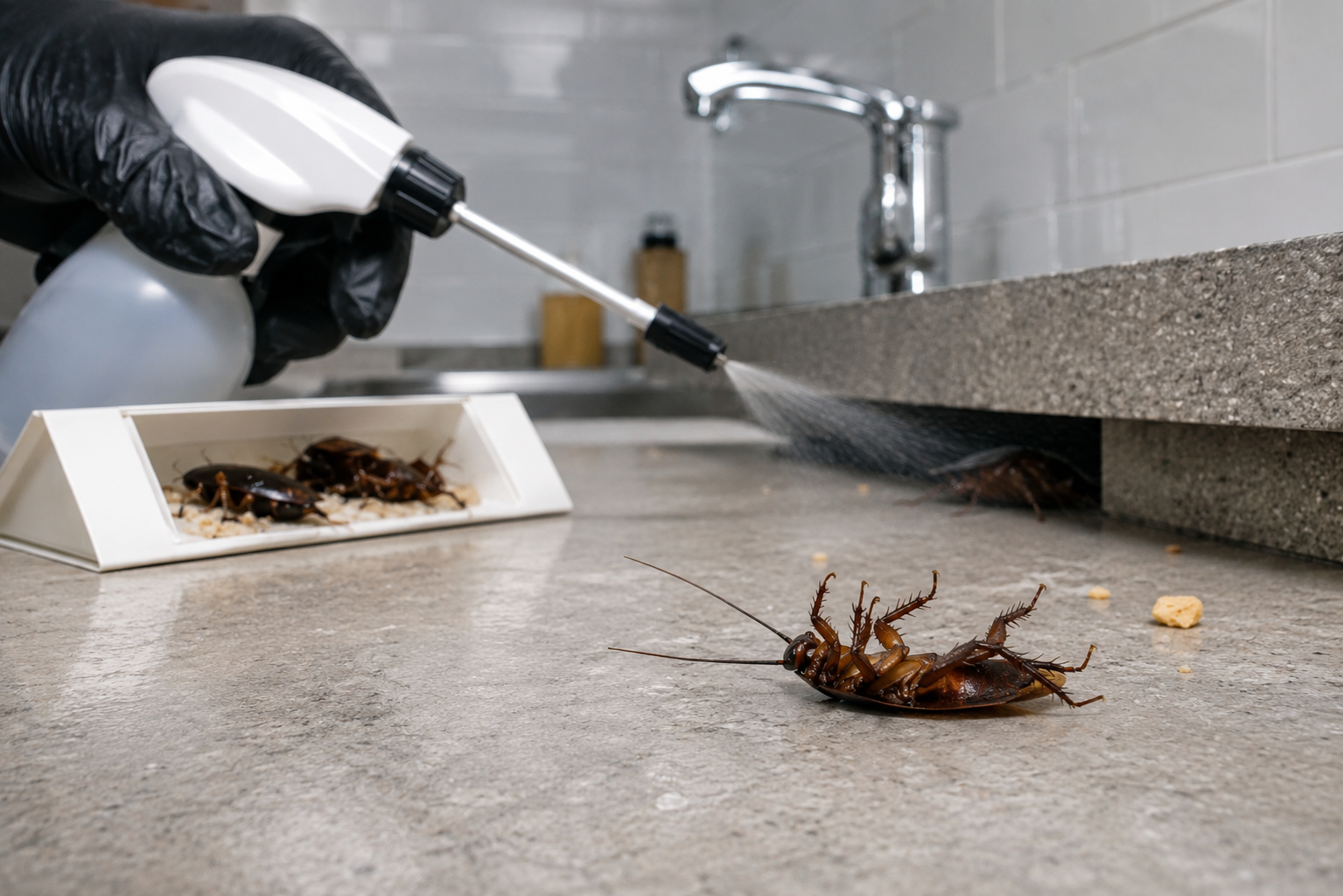 Person in black gloves spritzing a cockroach with a spray near other cockroaches on a countertop in a kitchen.