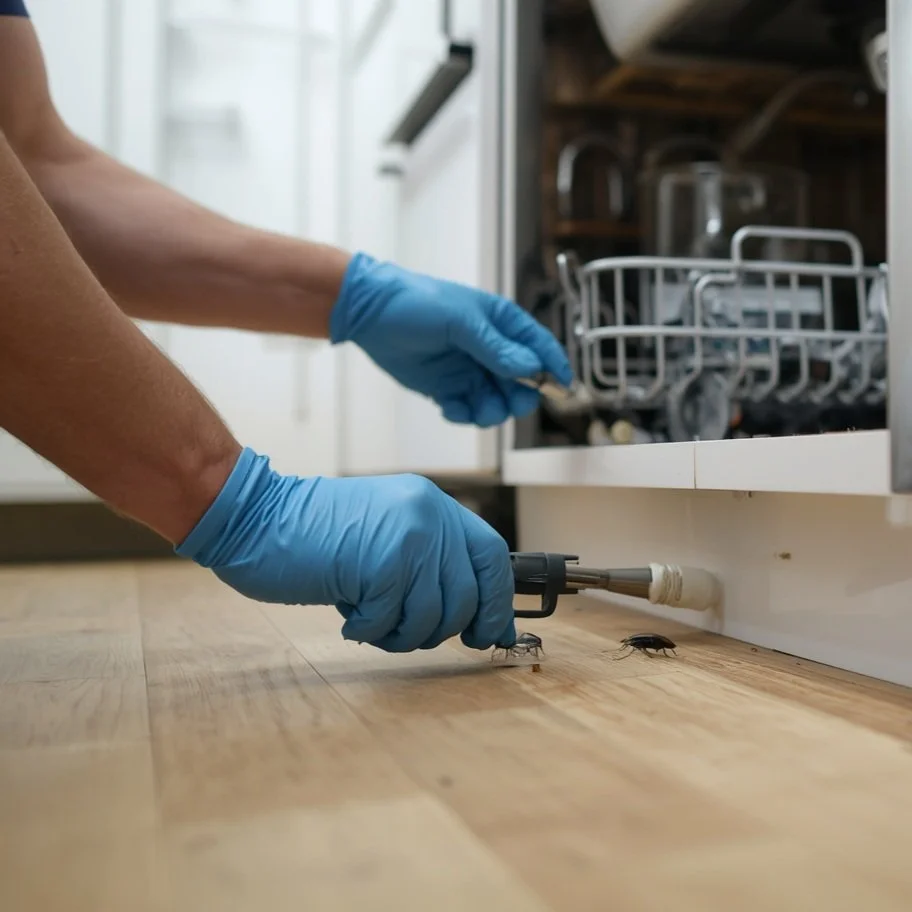 Someone wearing blue gloves using a tool to remove insects from the floor near a dishwasher in a kitchen.