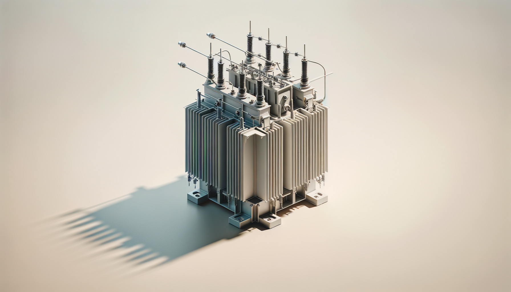 A large electrical transformer with gray cooling fins and multiple power connections, casting a shadow on a light-colored surface.