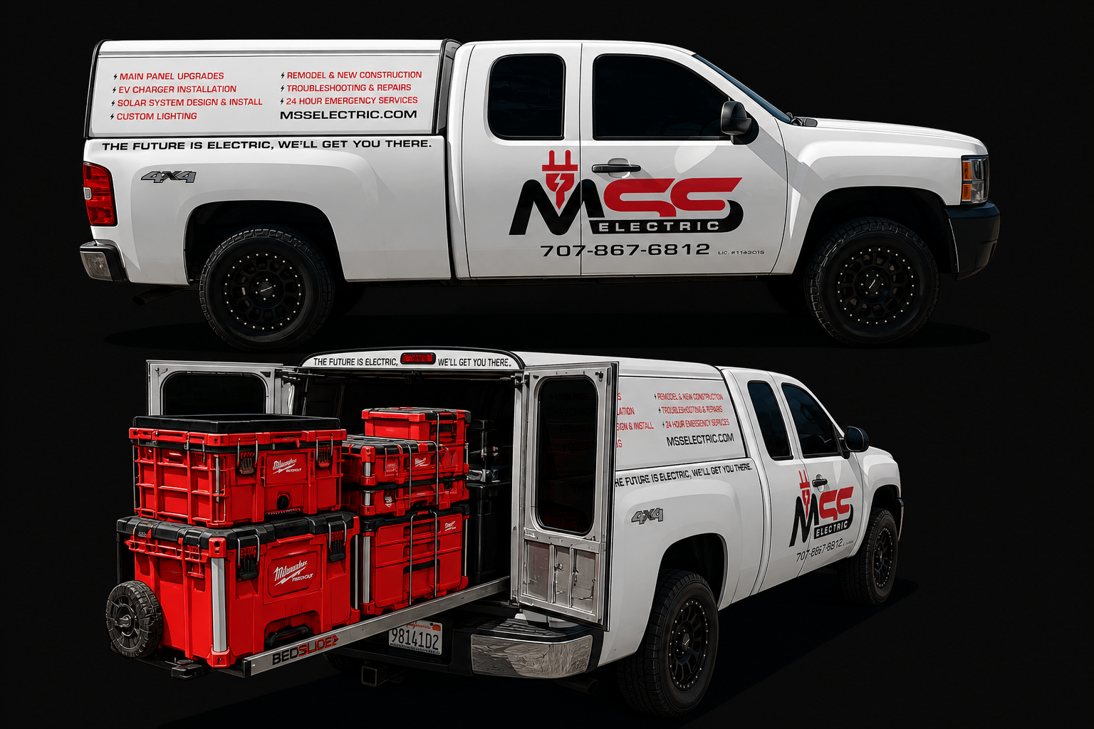 MSS Electric service truck Sonoma County electrician
Electrician service truck with tools MSS Electric
