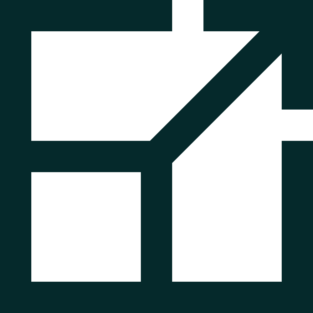 Black outlined geometric shapes resembling a house with a door, windows, and a chimney on a dark teal background.