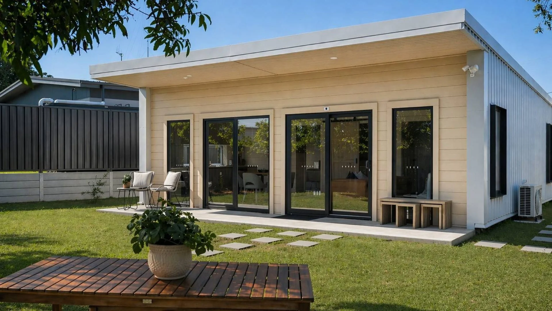 Modern house exterior with sliding glass doors opening to a grassy backyard, outdoor seating, small table, potted plant, and wooden deck, under a clear blue sky.