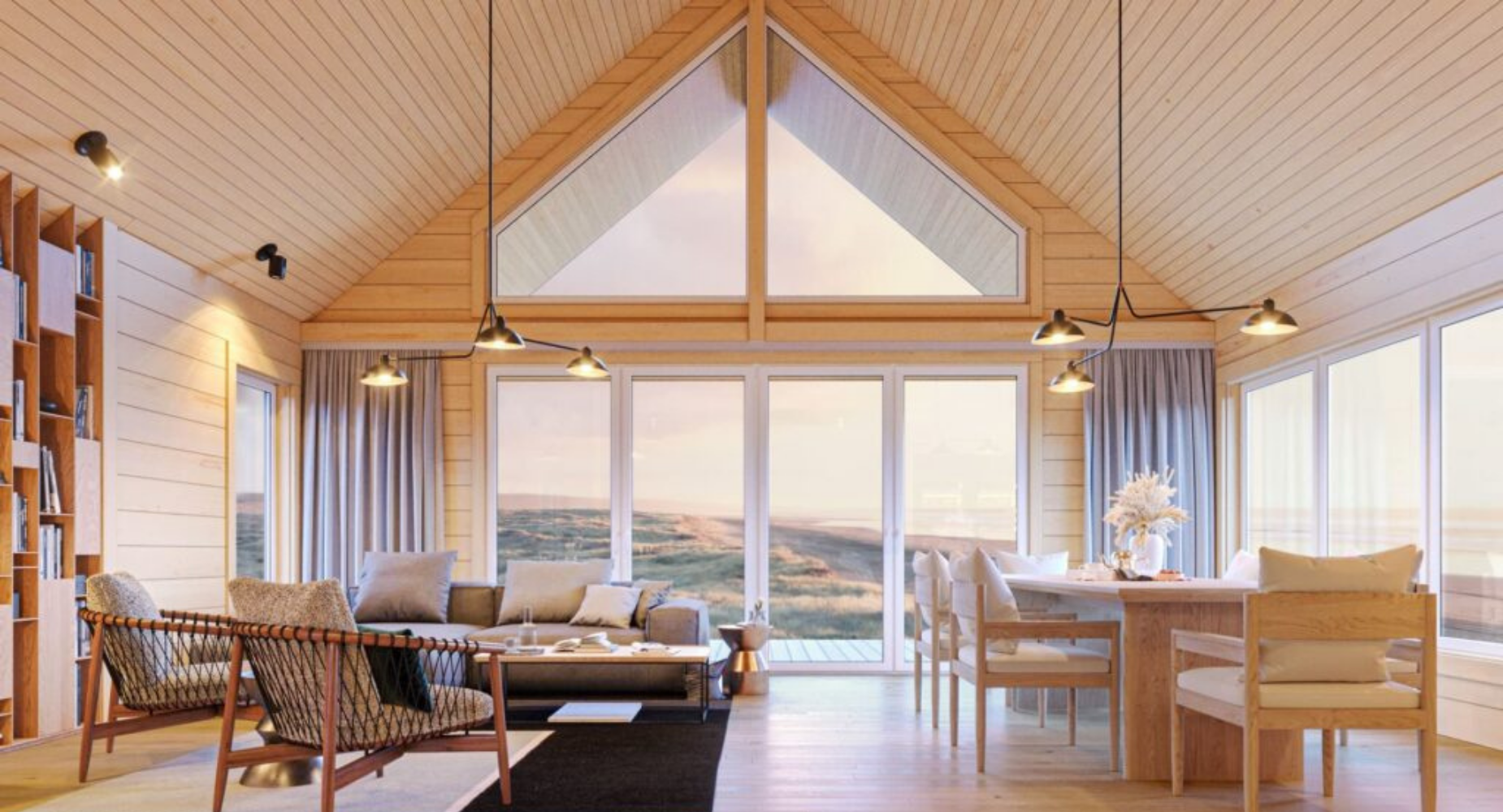 Living room with large windows displaying a landscape view, wooden interior, ceiling with triangular window, sofa, armchairs, dining table with chairs, bookshelf, and ceiling lights.