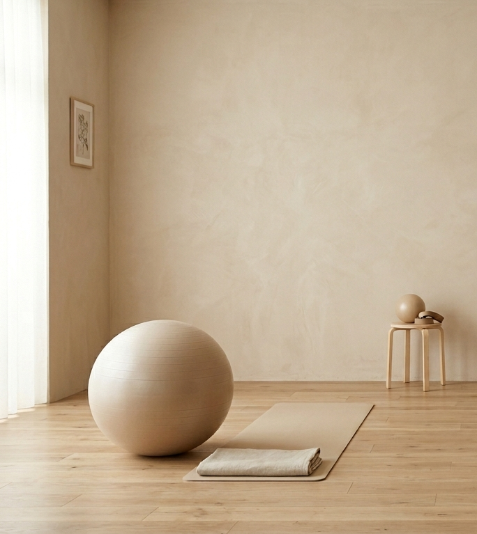 Minimalist yoga space with a large beige exercise ball, a rolled-up towel, a yoga mat, and a small side table with a decorative sphere.