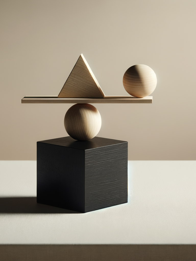 Wooden geometric sculpture with a triangle, two spheres, and a rectangular base, set on a black pedestal and neutral background.