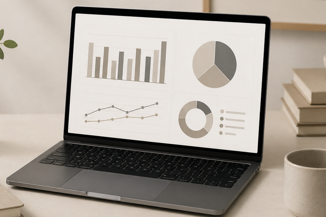 Laptop displaying various grayscale charts and graphs, including bar, pie, and line charts, on a desk with books, a plant, and a coffee mug nearby.