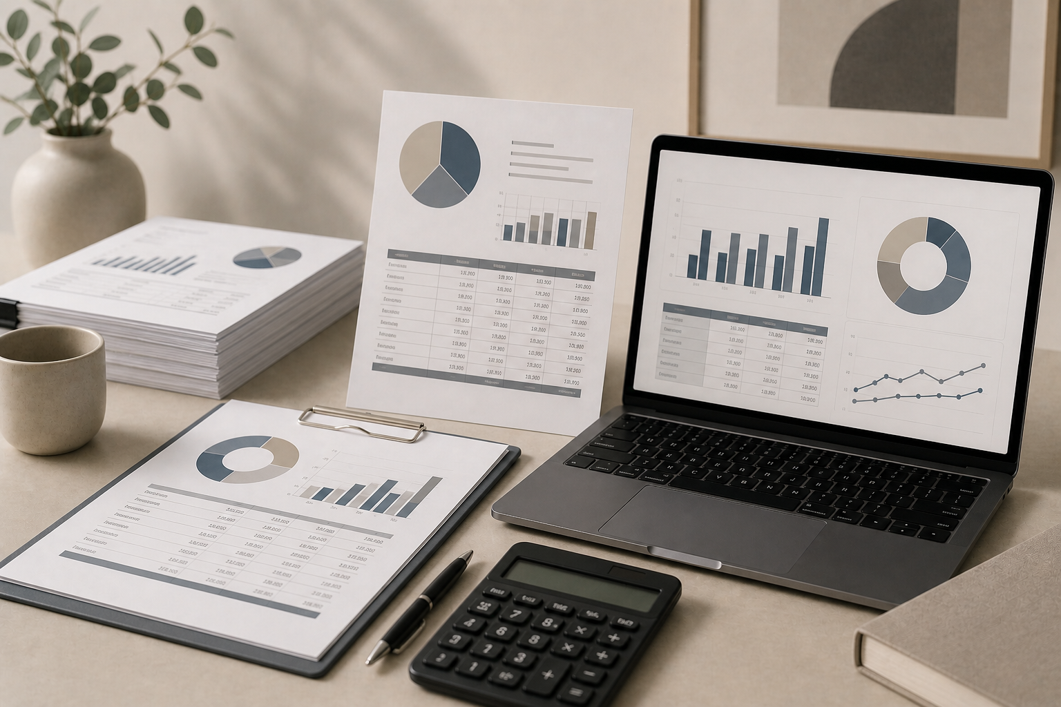 Desk with financial reports, a laptop displaying charts, a calculator, a pen, a notebook, a stack of documents, a cup, and a potted plant in the background.