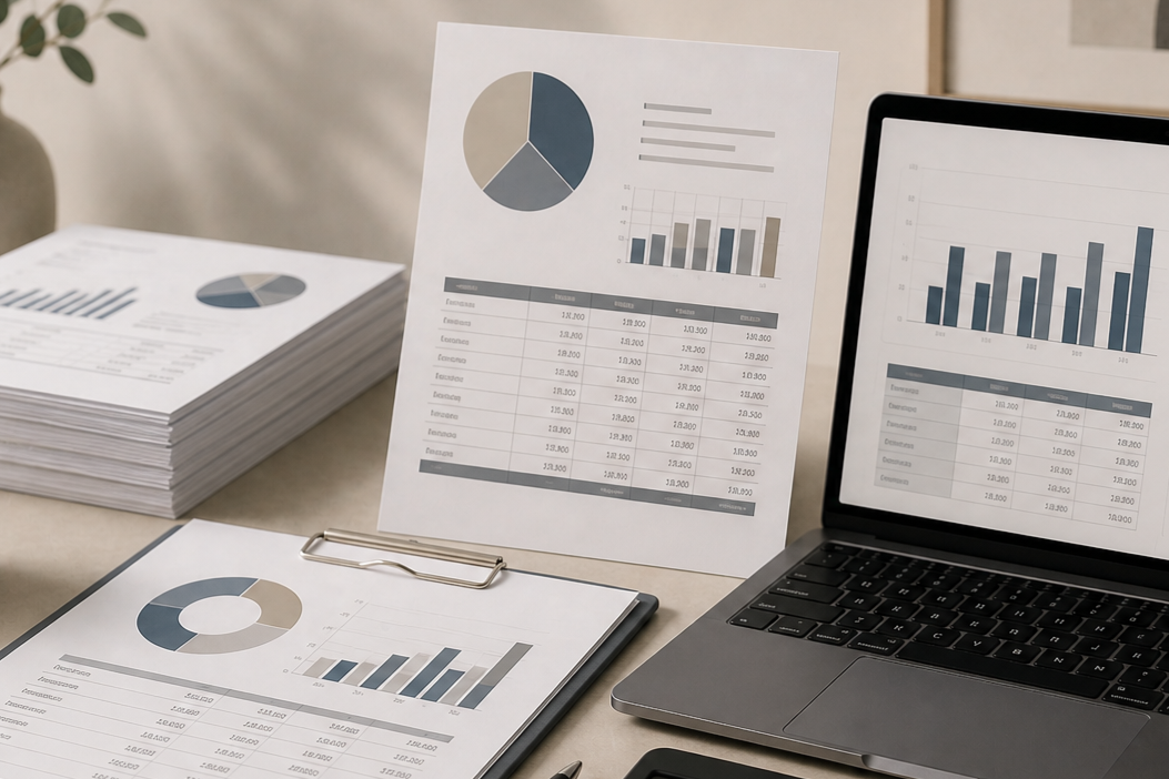 Office workspace with financial reports, charts, and a laptop displaying data graphs.
