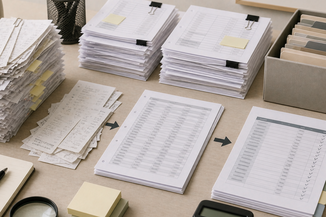 Stacks of paper documents and spreadsheets on a desk, with some sticky notes and a pen.