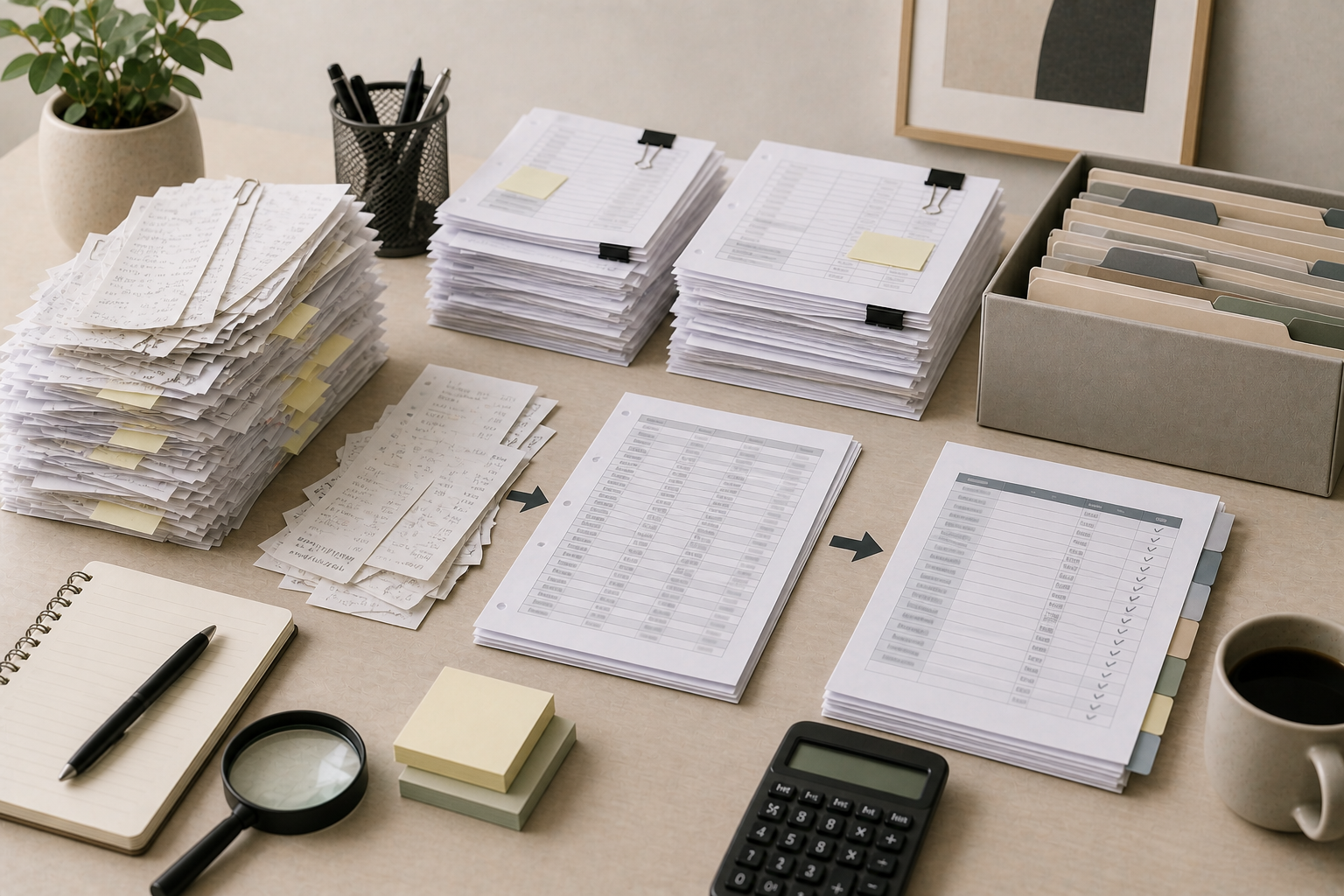 Desk with piles of documents, sticky notes, a notepad, a magnifying glass, a calculator, and a cup of coffee, indicating an organized workspace.