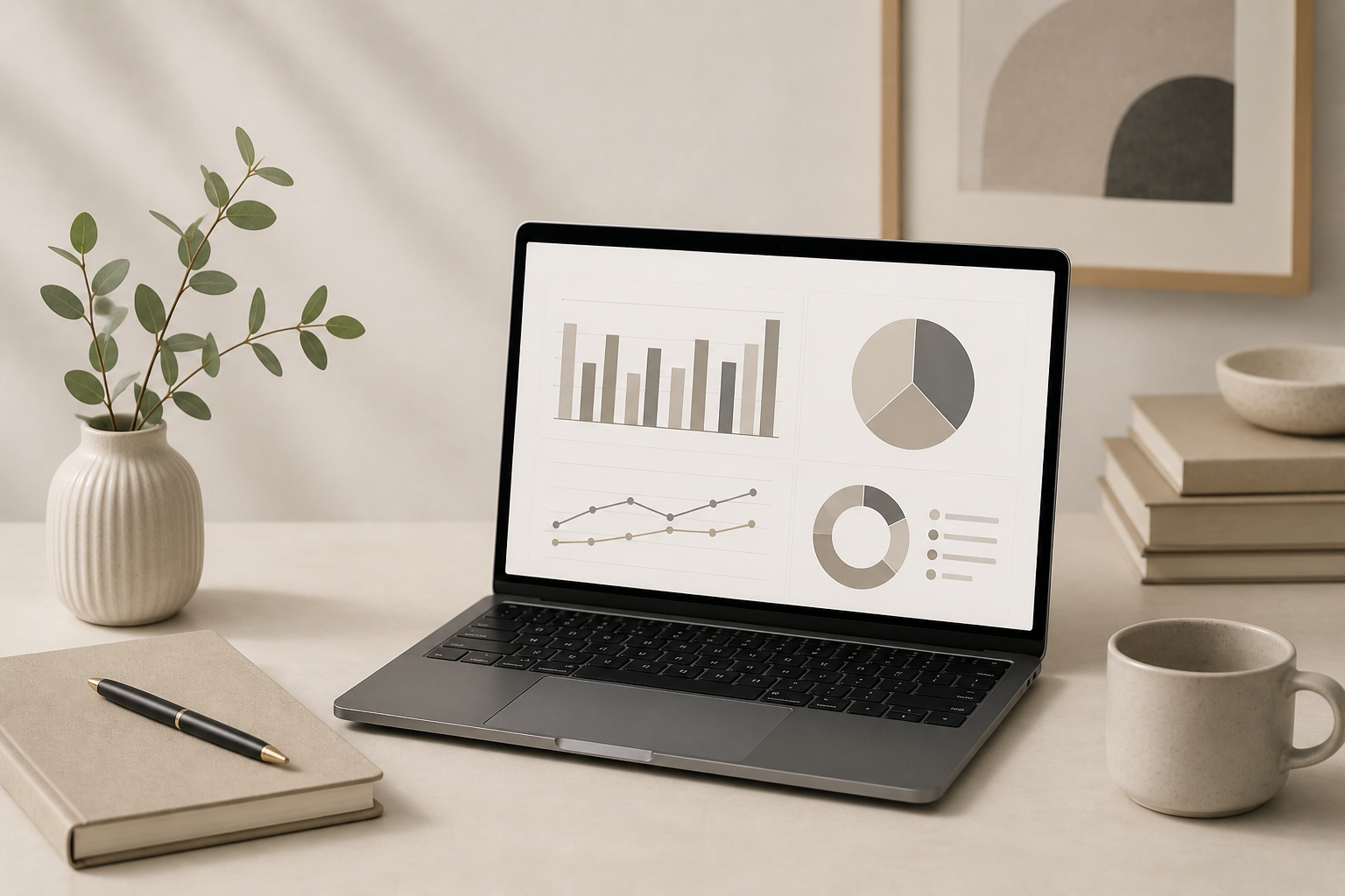 Laptop on a desk displaying various charts and graphs, surrounded by a notebook with a pen, a white cup, a potted plant, stacked books, and decorative items in a neutral-toned workspace.
