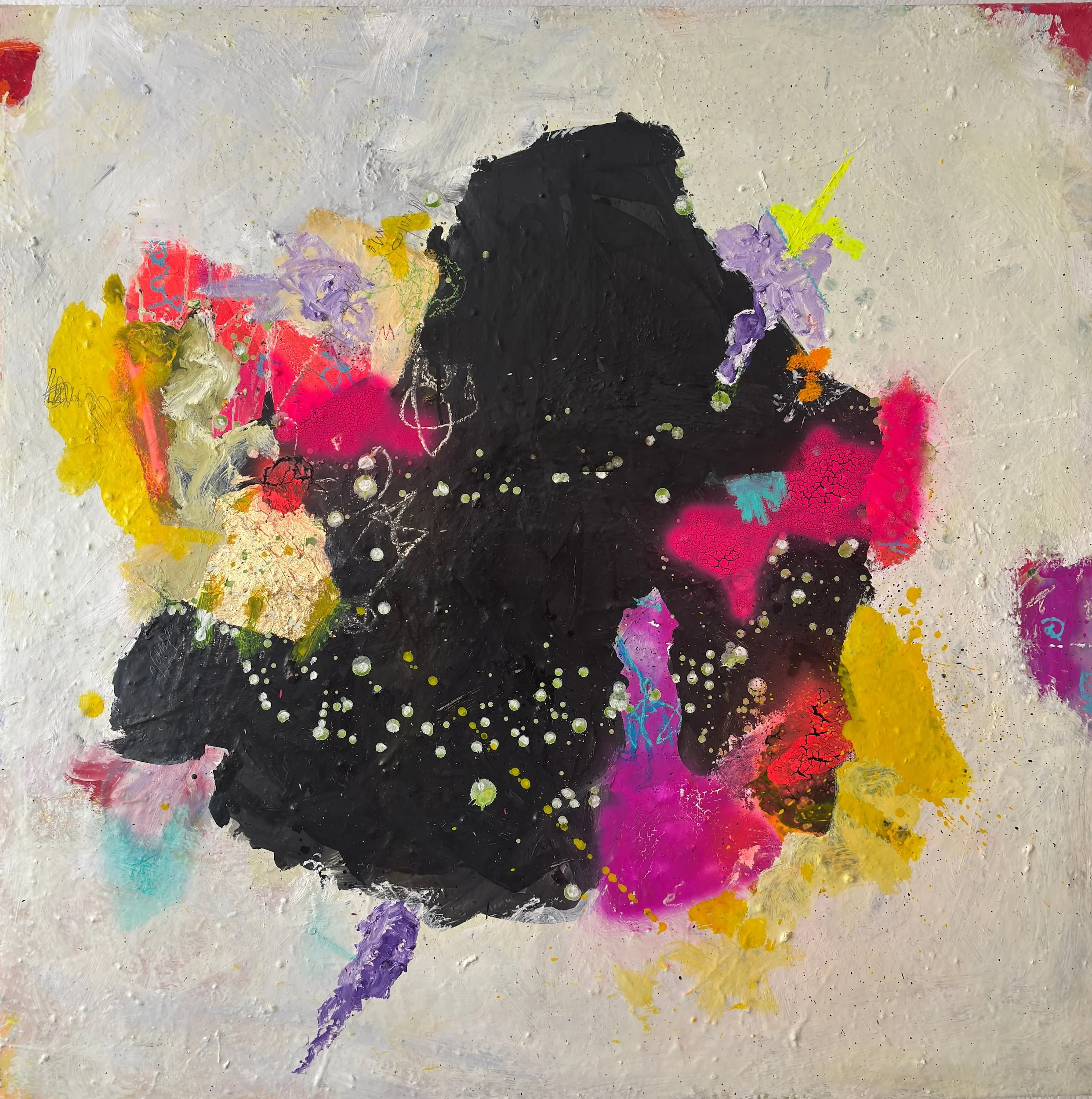 A colorful abstract painting with a central black shape, surrounded by vibrant splashes of pink, yellow, purple, and light blue paint on a textured white background.