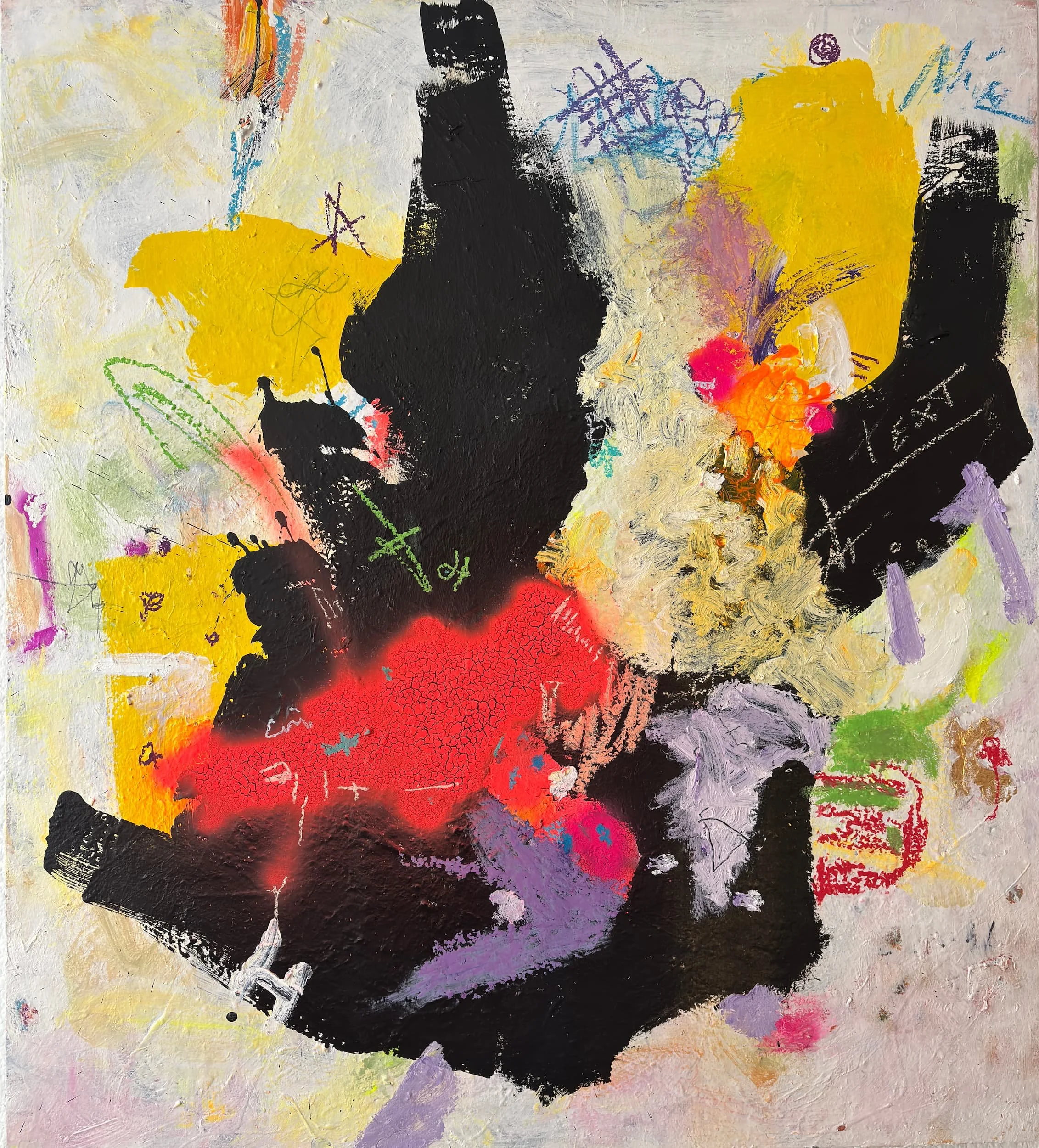 Abstract colorful painting with black silhouettes of human figures and vibrant splashes of yellow, red, purple, green, and blue.