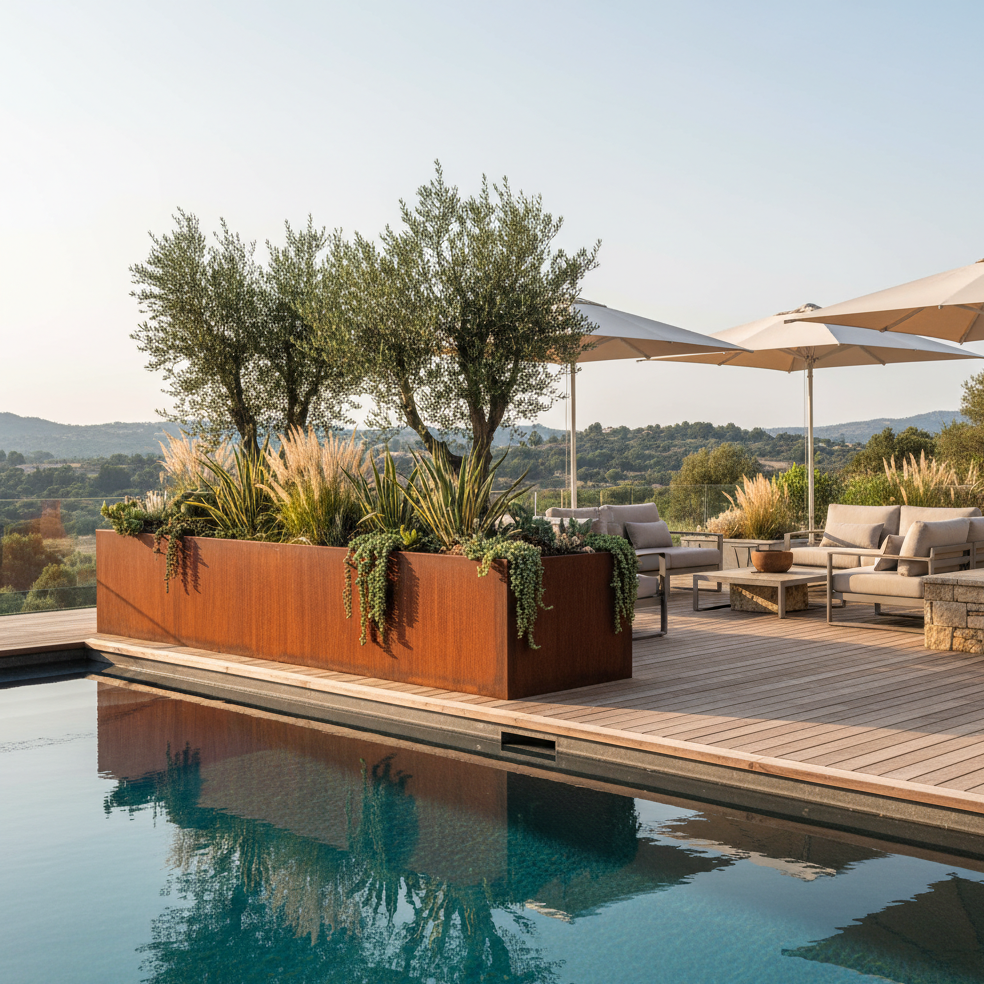 Terrasse avec mobilier de jardin et parasols, vue sur la nature et la piscine en arrière-plan. acier corten