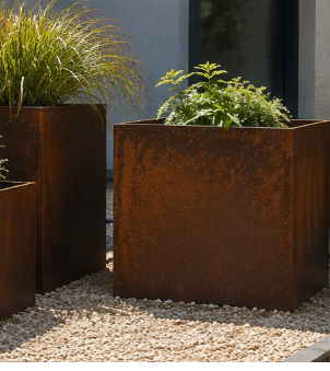 Deux grandes bacs en acier corten contenant des plantes vertes, placés sur un sol en gravier, avec un mur en arrière-plan.