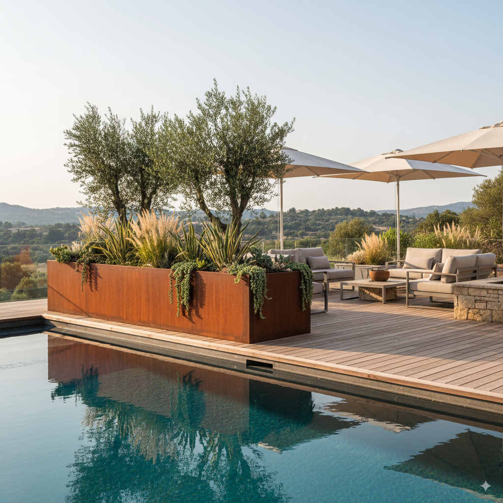Terrasse avec mobilier, parasols, plantes en pot, vue sur la campagne et piscine