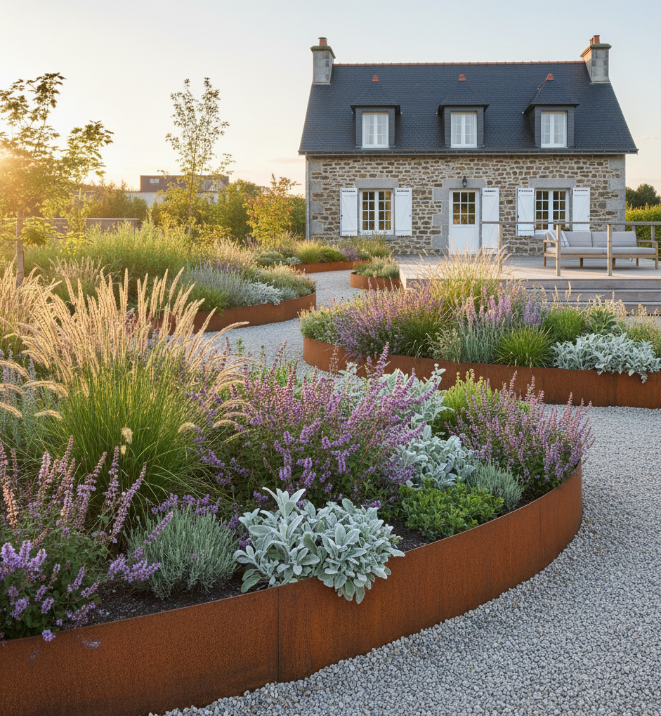 Jardin paysager avec des plantes aromatiques et vivaces en bordure en  acier corten