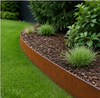 Mure en acier corten séparant une pelouse verte et un jardin avec des buissons et des plantes