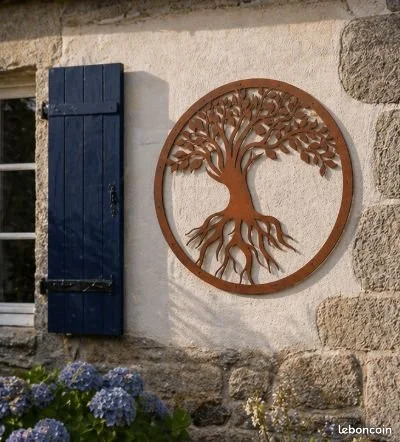 arbre de vie en acier corten sur un mur