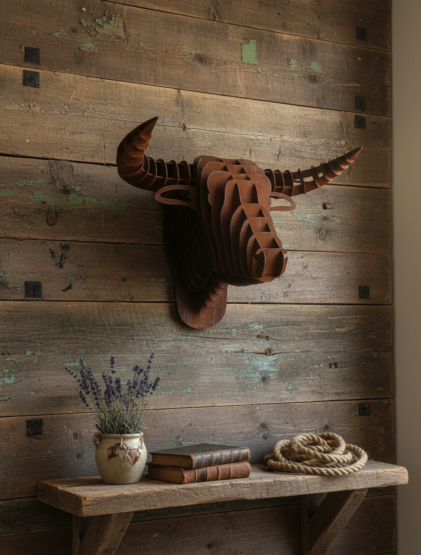 Tête de taureau en déco murale en acier corten
