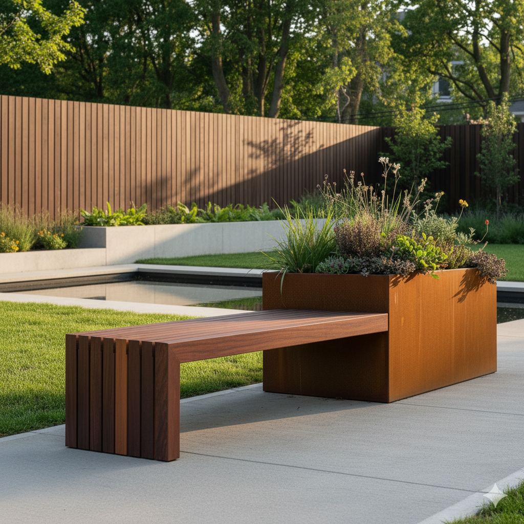 Un jardin moderne avec un banc en bois, un grand bac à fleurs en métal contenant des plantes succulentes, une pelouse verte, une piscine, un mur en bois, et des arbres en arrière-plan.