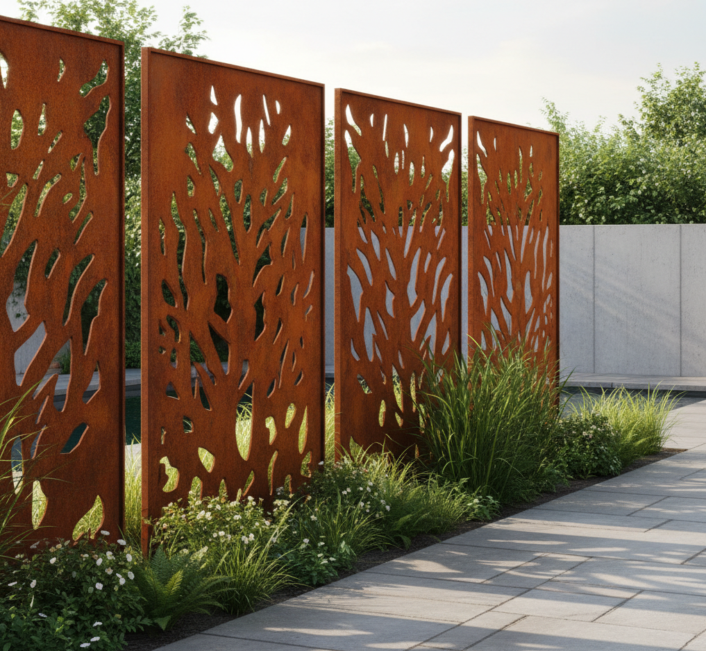 Clôture en acier corten avec motif de branches d'arbres, entourée de plantes et de fleurs, sous un ciel partiellement nuageux. 