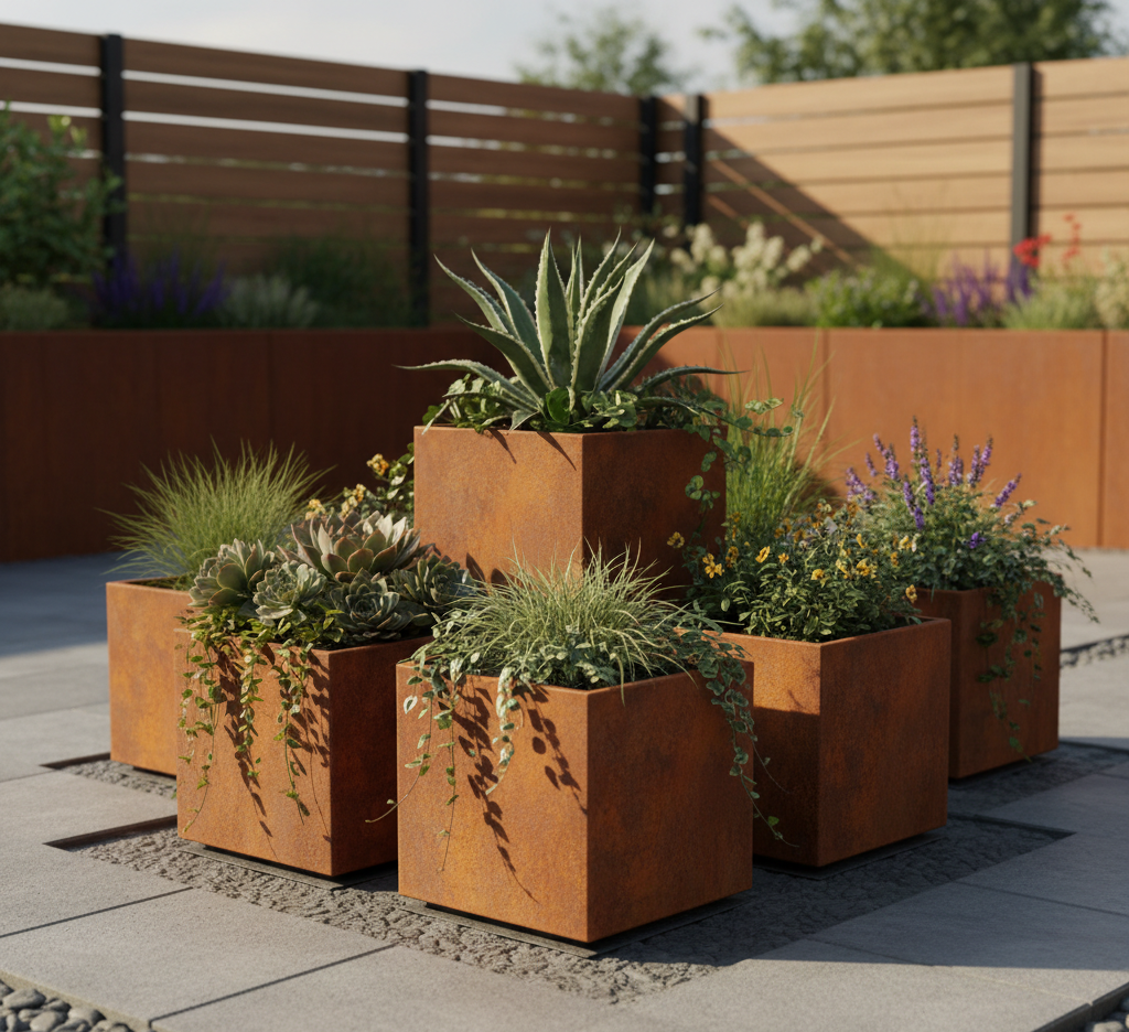 Vases en acier corten contenant diverses plantes succulentes et grasses dans un jardin en plein air.