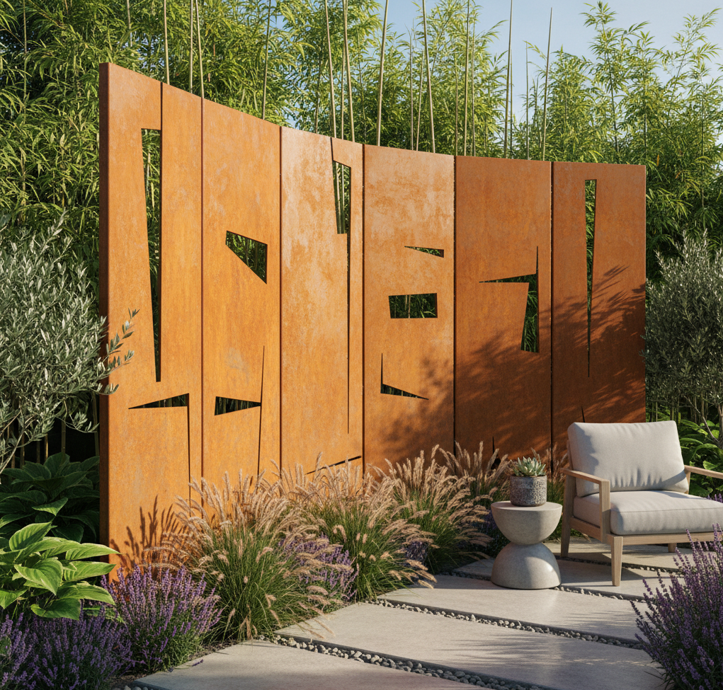 Mur sculpté en acier corten avec des coupures géométriques, entouré de végétation et d'un coin salon avec un fauteuil et une petite table, dans un jardin.