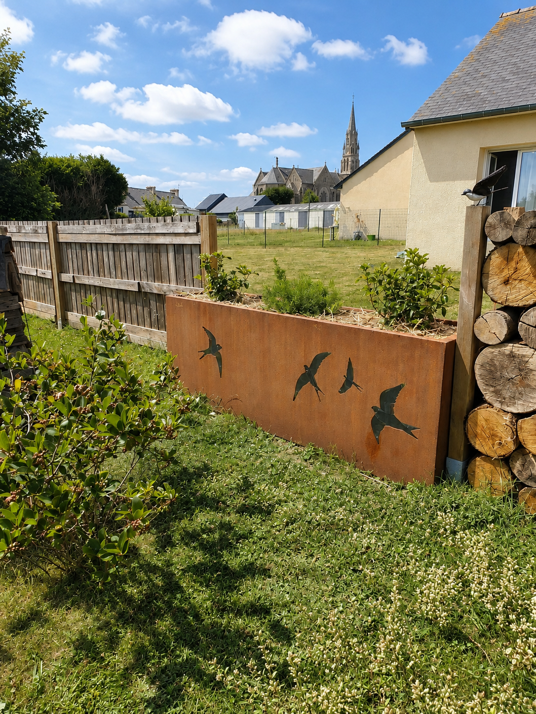 Jardin avec une clôture en bois, et jardinière corten